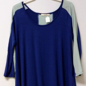 Two-Tone Blue Scoop Neck Long Sleeve Top